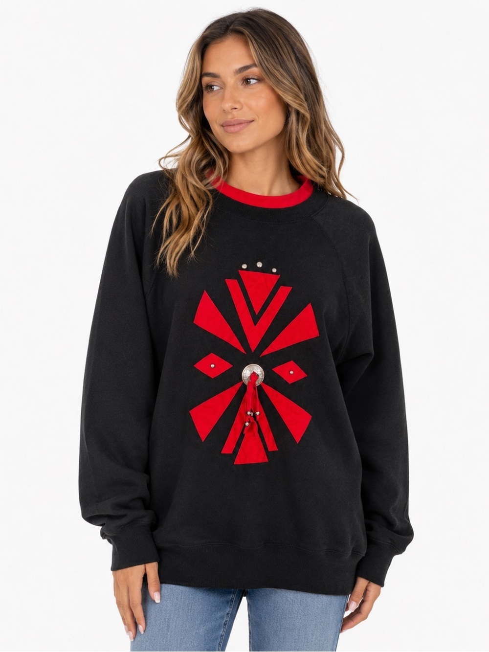 Vintage 80s 90s Hanes Western Concho tassle beaded Sweatshirt Black Red Large
